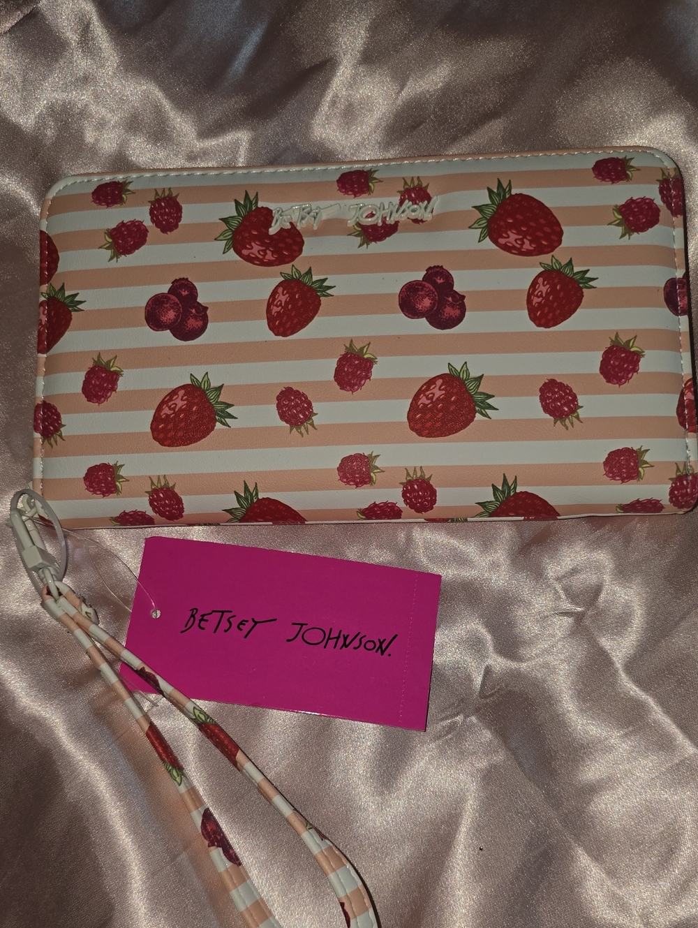 NWT Betsey Johnson Pink & Red Strawberry Stripe Wristlet